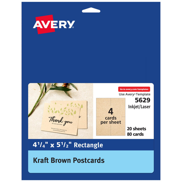 Avery Kraft Brown Postcards, 4.25" x 5.5", Laser/Inkjet, 80 Printable Postcards, Also Great for Thank You Cards and Invitations (5629) 80 cards 4.25" x 5.5"