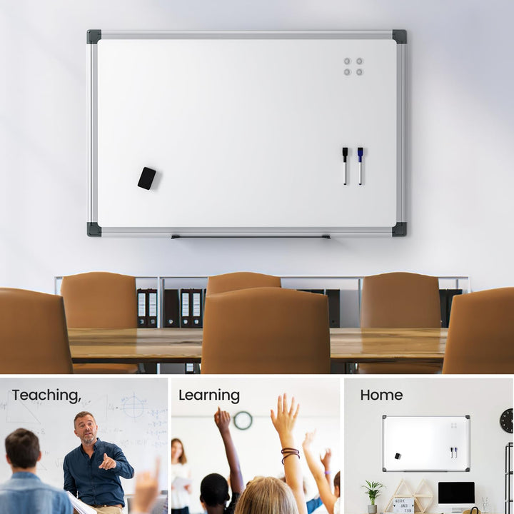 VUSIGN Magnetic White Board Kit for Wall 36" x 24", 1 Dry Eraser & 2 Multicolor Markers & 4 Magnetic Pins, Sliver Reinforced Aluminum Frame for Home, School, Office Silver 36" x 24"