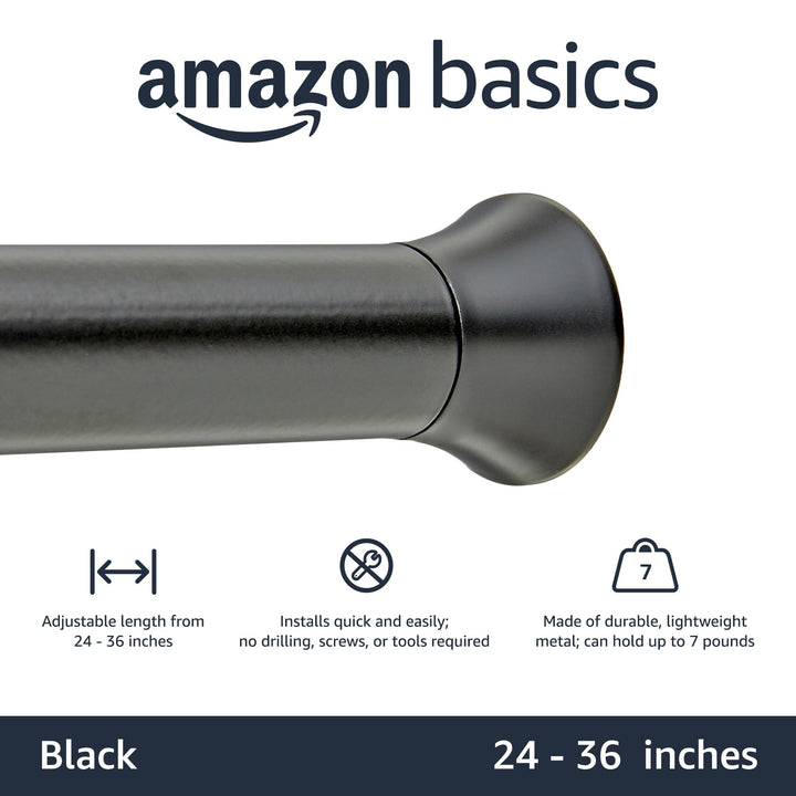 Basics Tension Curtain Rod, Adjustable 24-36" Width - Black, Classic Finial 24-36" Indoor