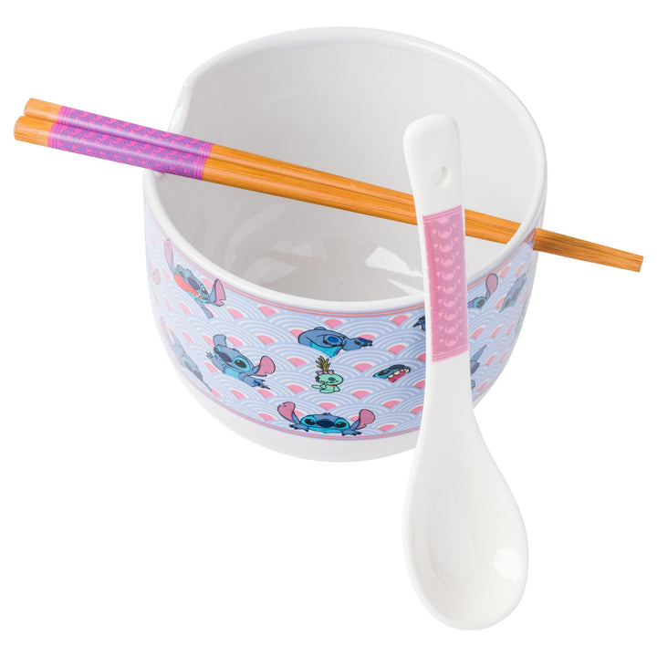 Silver Buffalo Lilo and Stitch Waves Ceramic Ramen Bowl with Chopsticks and Spoon, 20 Ounces, Blue/Multi Cartoon