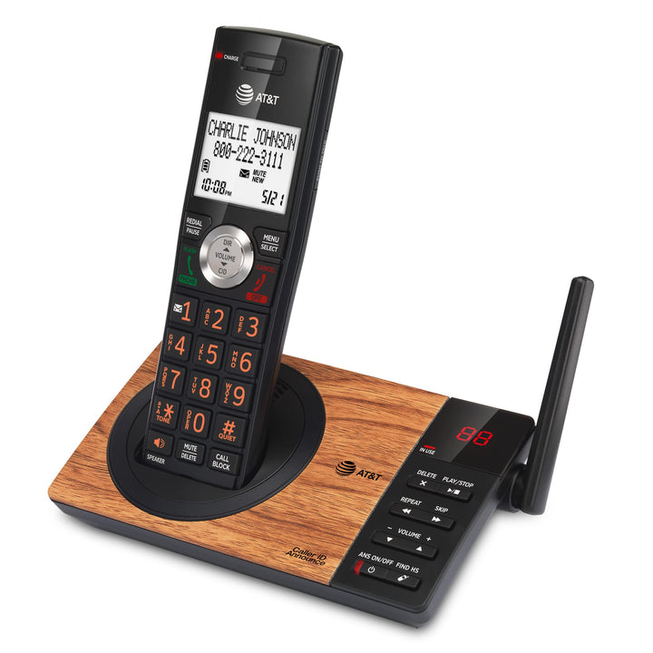 AT&T CL82167 Cordless Phone with Answering Machine, Call Blocking, Caller ID Announcer, Intercom and Long Range, Black & Wood Grain Finish Black/Wood Grain Finish 1 Handset