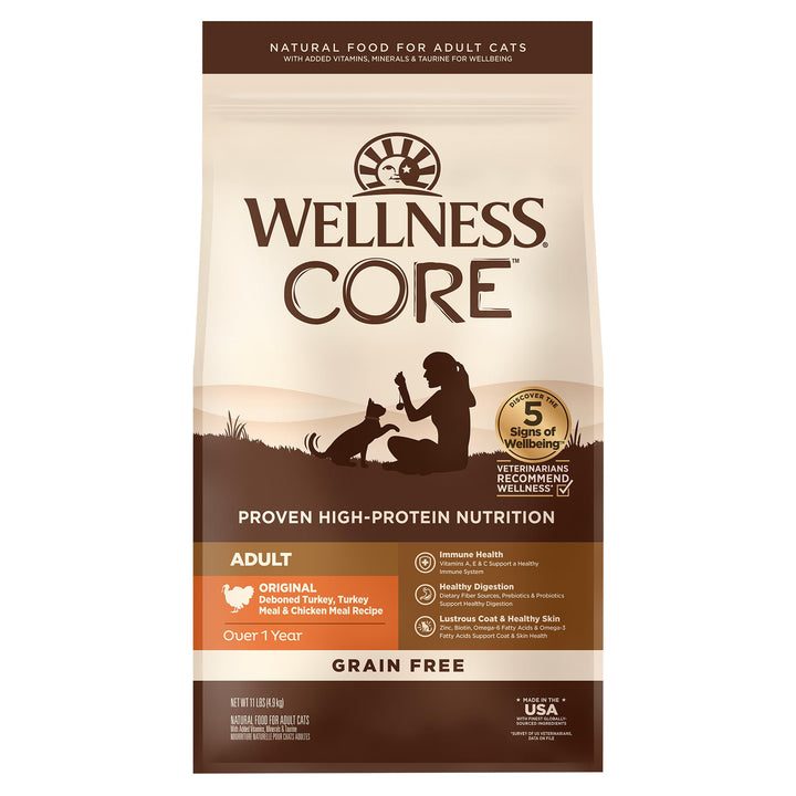 Wellness CORE Natural Grain-Free High Protein Adult Dry Cat Food Recipe, Turkey, Turkey Meal and Duck Formula, 11 Pound Bag 11 Pound (Pack of 1)