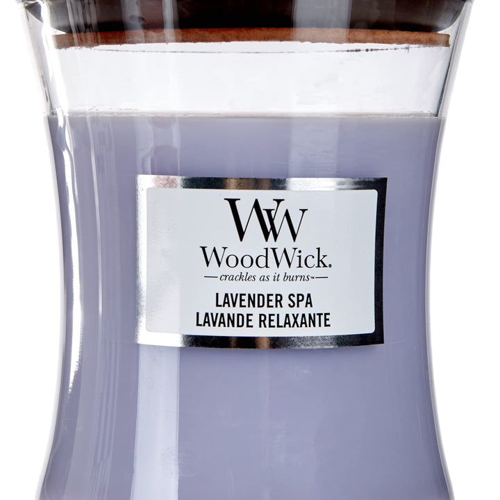 WoodWick Medium Hourglass Candle, Lavender Spa - Premium Soy Blend Wax, Pluswick Innovation Wood Wick, Made in USA