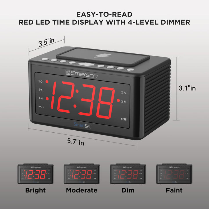 Emerson Smartset Wireless Charging Alarm Clock Radio Featuring a Large 1.4" Red LED Display and Temperature Sensor, FM Radio, Black CKSW0555