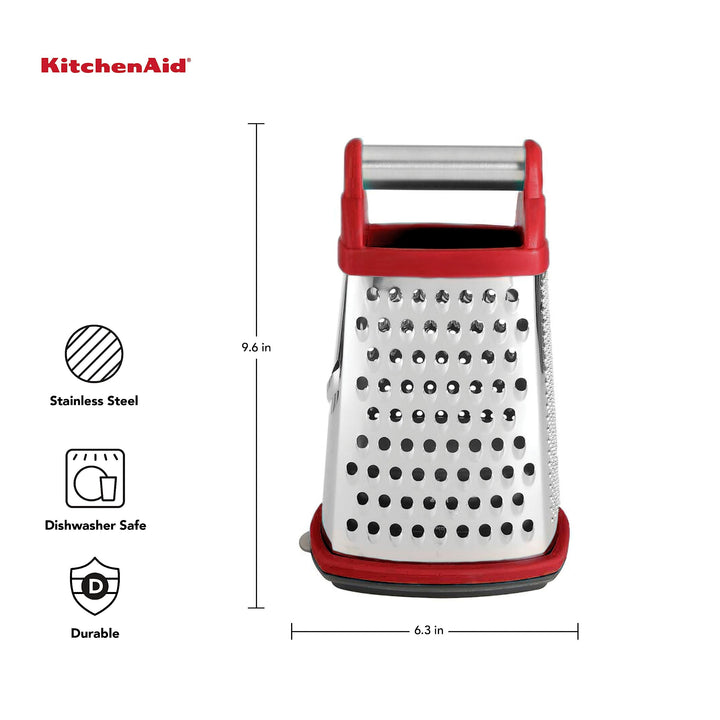 KitchenAid Gourmet 4-Sided Stainless Steel Box Grater for Fine, Medium and Coarse Grate, and Slicing, Detachable 3 Cup Storage Container and Measurment Markings, Dishwasher Safe, 10 inches tall, Red