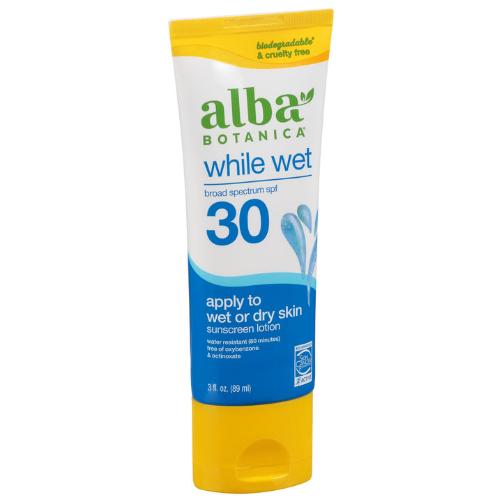 Alba Botanica Sunscreen for Face and Body, While Wet Sunscreen Lotion, Broad Spectrum SPF 30, Water Resistant Sunscreen for Wet and Dry Skin, 3 fl. oz. Bottle