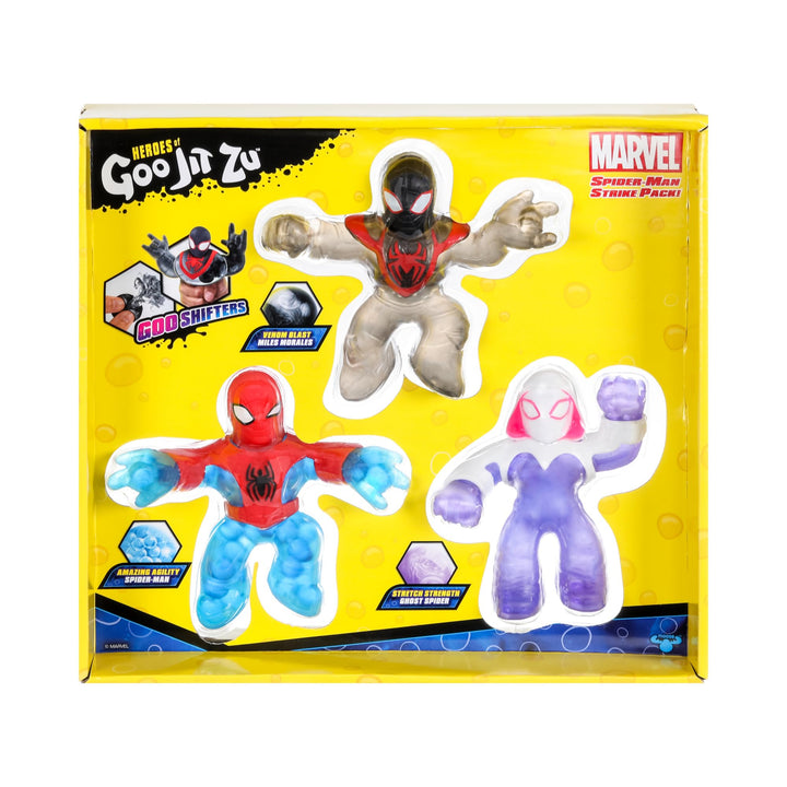 Heroes of Goo Jit Zu Goo Shifters Marvel Spider-Man Strike Pack. 3 Exclusives: Amazing Agility Spider-Man, Stretch Strength Ghost Spider and Goo Shifter Venom Blast Miles Morales |  Exclusive