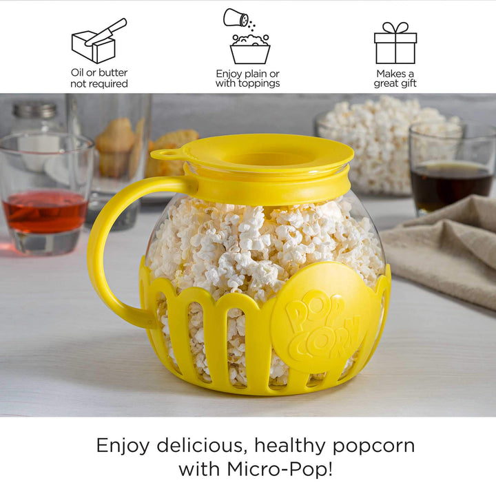 Ecolution Patented Micro-Pop Microwave Popcorn Popper with Temperature Safe Glass, 3-in-1 Lid Measures Kernels and Melts Butter, Made Without BPA, Dishwasher Safe, 3-Quart, Yellow 3-Quart Family Size