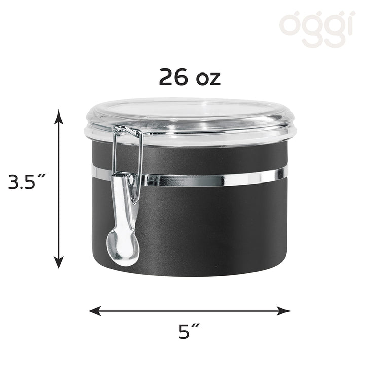 Oggi Stainless Steel Kitchen Canister 26 fl oz, Black - Airtight Clamp Lid, Clear See-Thru Top - Ideal for Kitchen Storage, Food Storage, Pantry Storage. Size 5" x 3.5". 26-ounce Airtight Canister