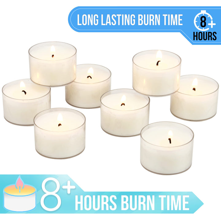 Stonebriar Bulk 96 Unscented Smokeless Long Burning Clear Cup Tea Light Candles with 8 Hour Extended Burn Time (Pack of 6, 576 Count Total) 6 packs of 96, 576 Total