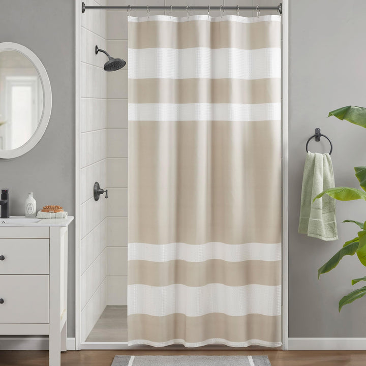 Madison Park Shower Curtain, Waffle Weave, Pieced Design Fabric Shower Curtain with 3M Scotchgard Moisture Management, Premium Spa Quality Modern Shower Curtains for Bathroom, Tall 72"x84" Taupe 72"W x 84"L (Pack of 1)