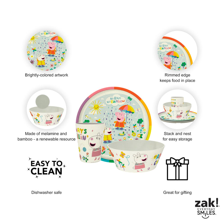 Zak Designs Peppa Pig Kids Dinnerware Set 3 Pieces, Durable and Sustainable Melamine Bamboo Plate, Bowl, and Tumbler are Perfect For Dinner Time With Family (Peppa, Suzy, Zuzu) 8" Plate, 6" Bowl, 10oz Tumbler