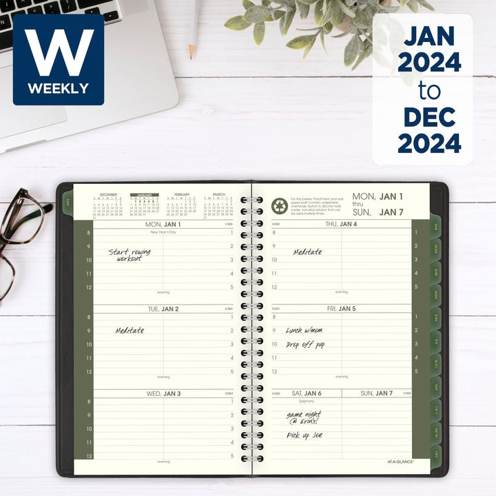 AT-A-GLANCE 2024 Weekly & Monthly Planner, Hourly Appointment Book, 5" x 8", Small, Recycled, Monthly Tabs, Black (70100G0524) 2024 Old Edition