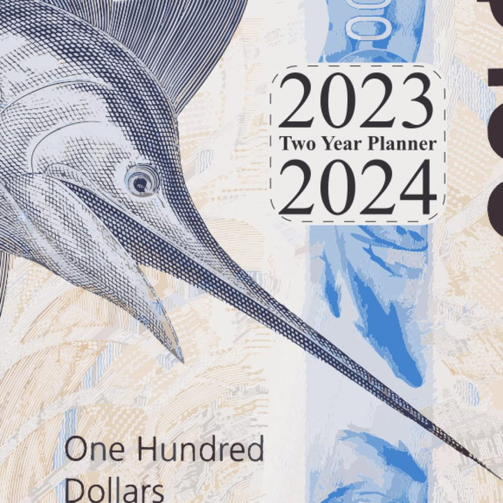 2023-2024 (2 Year) Monthly Planner - Blue Marlin on a Bahamian $100 note. Large 8x10 - Calendar has Federal Holidays, Year at a Glance for Men and ... loves organization, the Bahamas and Fishing.