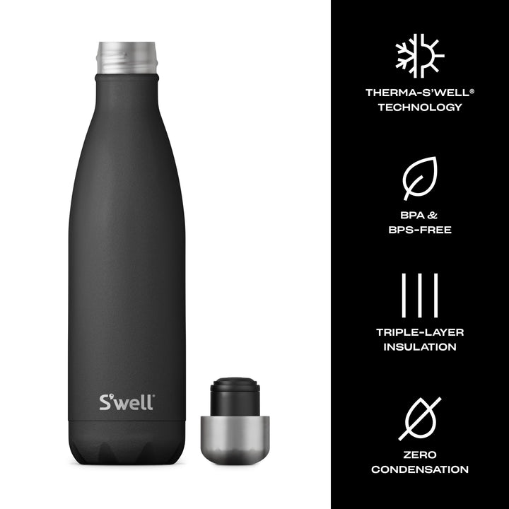 S'well Stainless Steel Water Bottle, 17oz, Onyx, Triple Layered Vacuum-Insulated Containers Keeps Drinks Cold for 36 Hours and Hot for 18, BPA Free, Perfect for On the Go 17 oz