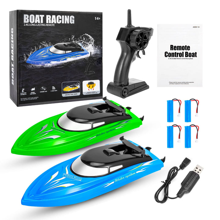 2-Pack High-Speed 2.4GHz RC Boats for Kids and Adults - 10km/h, Fast Remote Control Boats for Pools and Lakes with 4 Rechargeable Batteries (Blue/Green)