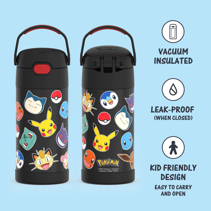 THERMOS FUNTAINER Water Bottle with Straw - 12 Ounce, Pokémon - Kids Stainless Steel Vacuum Insulated Water Bottle with Lid Pokemon Licensed Characters