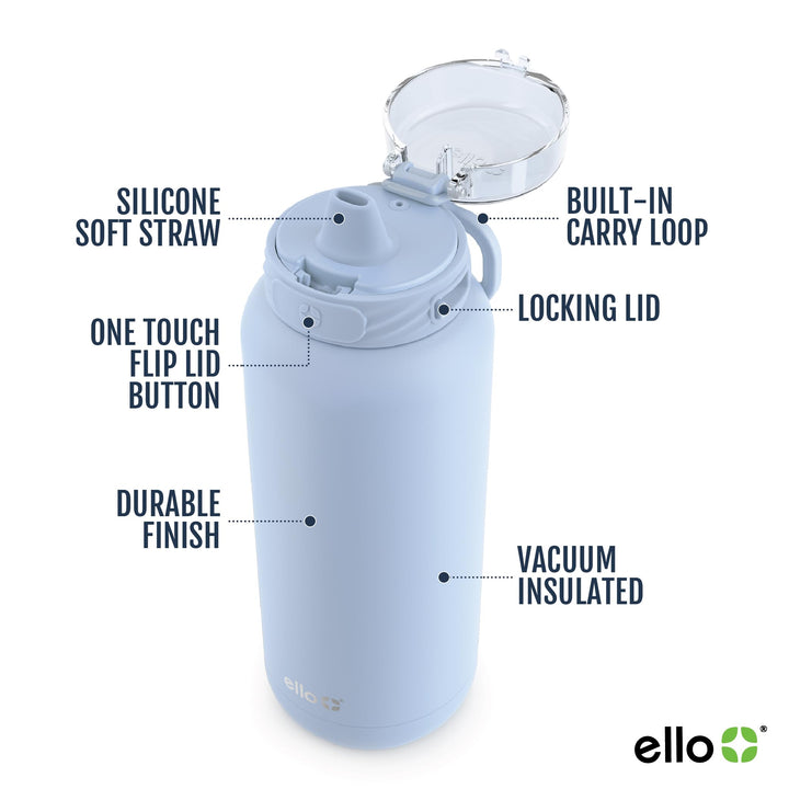 Ello Cooper Stainless Steel Water Bottle with Straw and Carry Handle, Double Walled and Vacuum Insulated Metal, Leak Proof Locking Lid with Soft Silicone Spout, Reusable, BPA Free, 22oz, 32oz, 40oz Halogen Blue