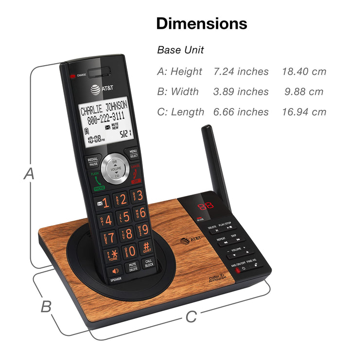 AT&T CL82167 Cordless Phone with Answering Machine, Call Blocking, Caller ID Announcer, Intercom and Long Range, Black & Wood Grain Finish Black/Wood Grain Finish 1 Handset