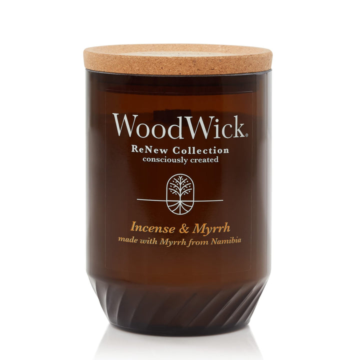 WoodWick® Renew Large Candle, Incense & Myrrh Scented Candles, 13oz, Plant Based Soy Wax Blend, Christmas Gift, Made with Upcycled Materials and Essential Oils, Up to 75 Hours of Burn Time