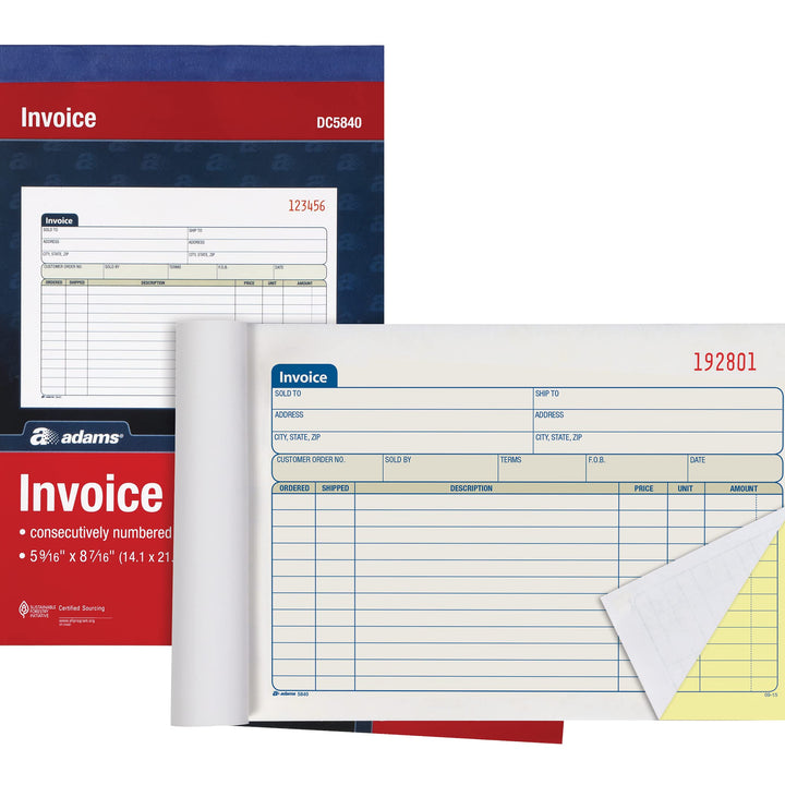 Adams Invoice Book 3 Pack, 2 Part Carbonless Invoices, Horizontal Sales Slip, 5-9/16 x 8-7/16 Inches, 50 Sets per Book (DC5840-3)