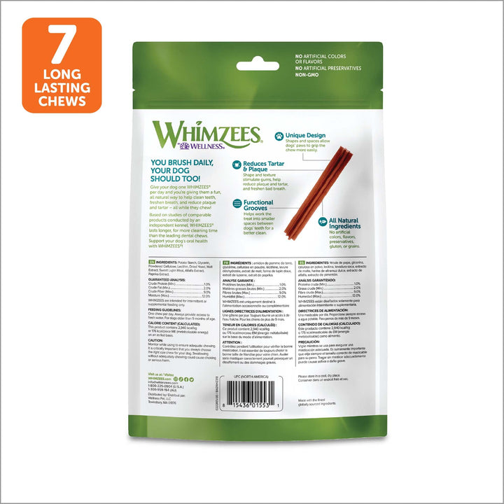 WHIMZEES by Wellness Stix Natural Dental Chews for Dogs, Long Lasting Treats, Grain-Free, Freshens Breath, Large Breed, 7 count Classic Stix 7 Count (Pack of 1)