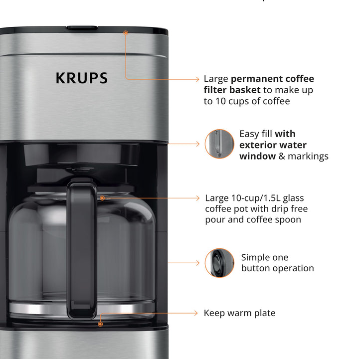 Krups Coffee Maker 10 Cups Digital Simply Brew Stainless Steel Drip Coffee Maker 900 Watts Digital Control, Coffee Filter, Drip Free, Dishwasher Safe Pot Silver and Black 10-Cup Glass & Digital