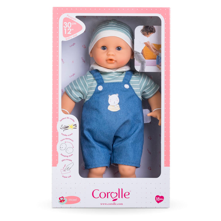 Corolle Bébé Calin Mael Boy Baby Doll - 12" Soft Body Doll with Blue Outfit, Sleeping Eyes That Open and Close, Vanilla Scented, Mon Premier Poupon Collection for Ages 18 Months and up