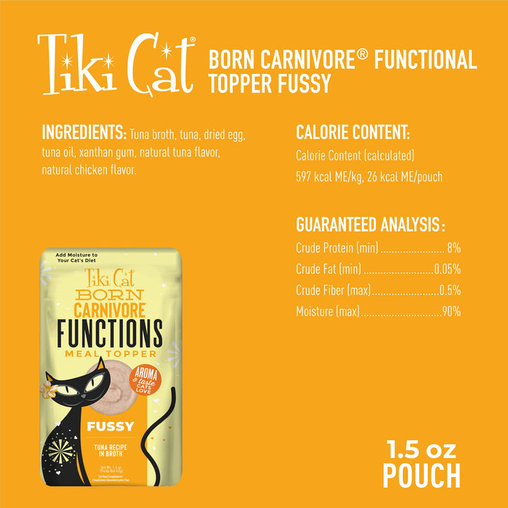 Tiki Cat Born Carnivore Functions Fussy, Tuna Recipe in Broth, Highly Palatable Formulated for Picky Eaters, Mousse Cat Food Topper, 1.5 oz. Pouch (12 Count)