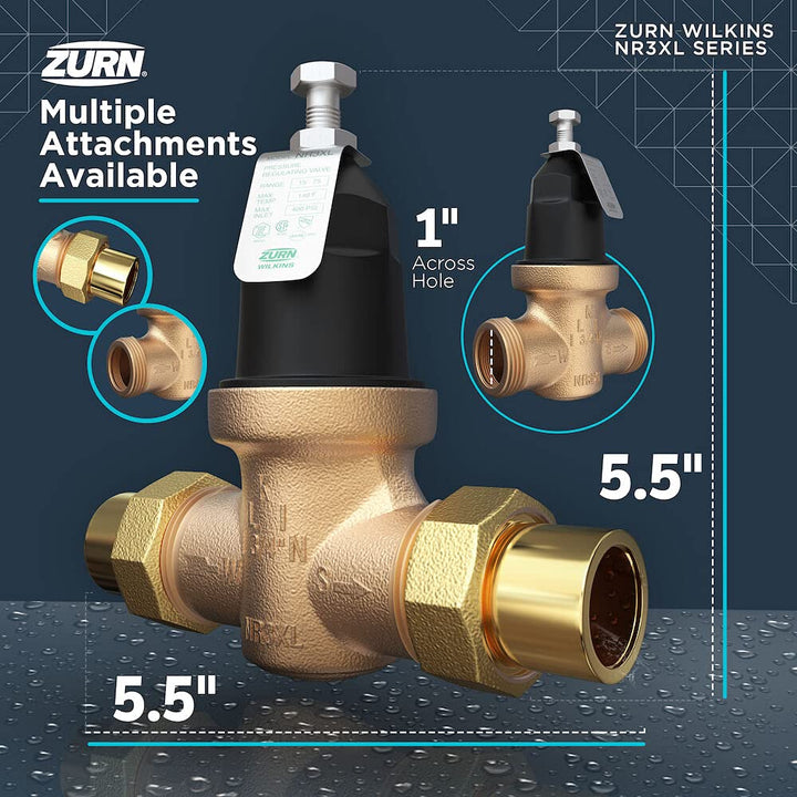 Zurn Wilkins 1-NR3XLDUC 1" NR3XL Pressure Reducing Valve with Double Union FNPT Copper Sweat Connection 1 Inch