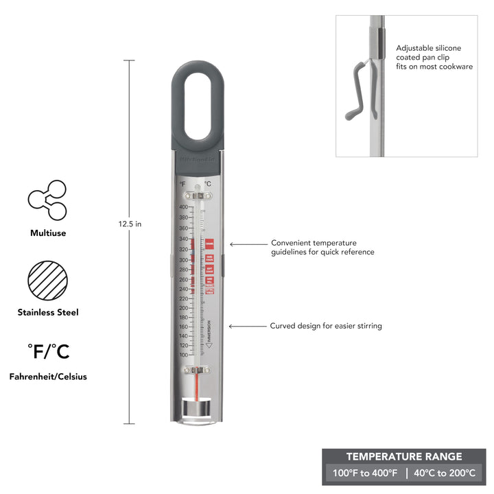 KitchenAid Curved Candy and Deep Fry Thermometer, Adjustable silicone coated clip fits most cookware, Charcoal Gray