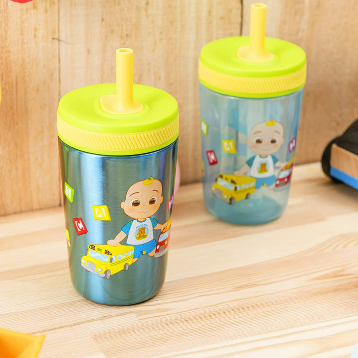 Zak Designs CoComelon Kelso Tumbler Set, Leak-Proof Screw-On Lid with Straw, Bundle for Kids Includes Plastic and Stainless Steel Cups with Bonus Sipper (3pc Set, Non-BPA), 15 fluid ounces