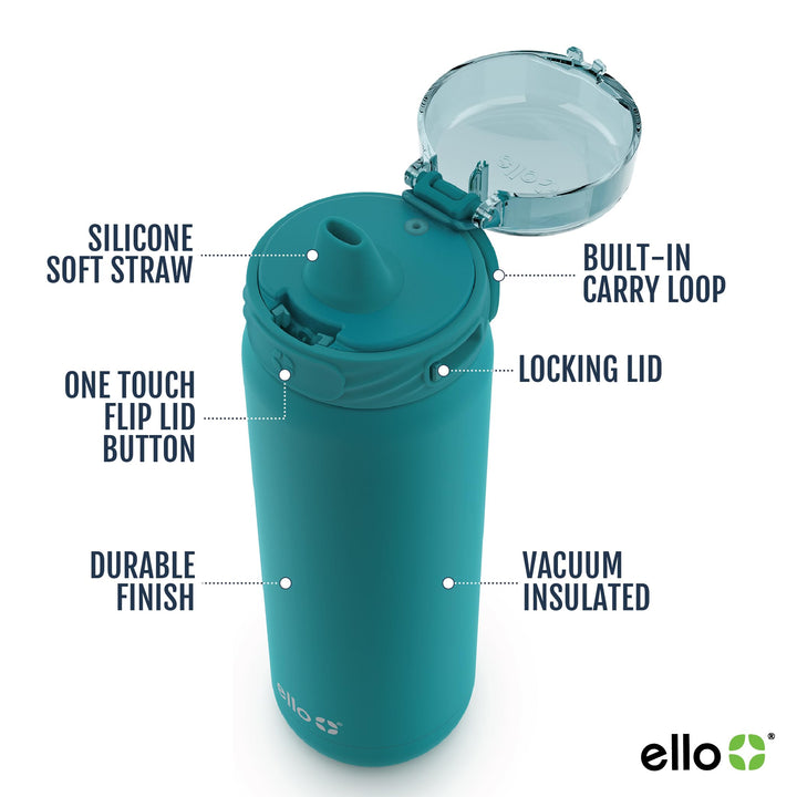 Ello Cooper Stainless Steel Water Bottle with Straw and Carry Handle, Double Walled and Vacuum Insulated Metal, Leak Proof Locking Lid with Soft Silicone Spout, Reusable, BPA Free, 22oz, 32oz, 40oz Antigua