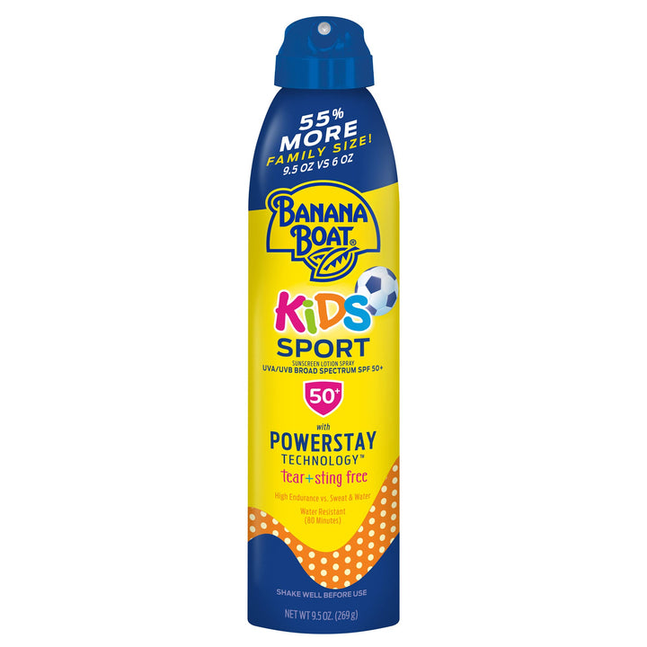 Banana Boat Kids Sport Sunscreen Spray SPF 50, 9.5oz | Kids Sunscreen, Kids Sunblock Spray, Oxybenzone Free Sunscreen for Kids, Spray Sunscreen SPF 50, Family Size Sunscreen, 9.5oz 9.5 Fl Oz (Pack of 1) 9.5 Ounce (Pack of 1)