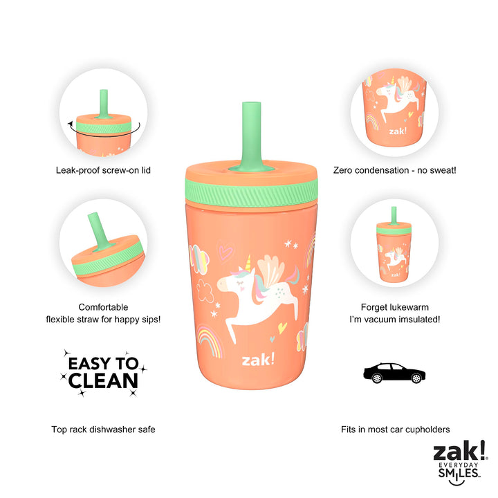 Zak Designs Unicorn Kelso Tumbler Set, Leak-Proof Screw-On Lid with Straw, Bundle for Kids Includes Plastic and Stainless Steel Cups with Bonus Sipper, 3pc Set, Non-BPA, 15 fl.oz. Classic