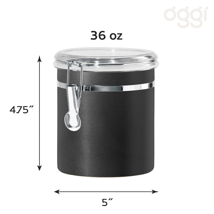 Oggi Stainless Steel Kitchen Canister 36 fl oz, Black - Airtight Clamp Lid, Clear See-Thru Top - Ideal for Kitchen Storage, Food Storage, Pantry Storage. Size 5" x 4.75". 36-ounce Airtight Canister