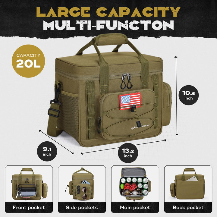 Maelstrom Large Tactical Lunch Box for Men,Insulated Lunch Bag, Leakproof Soft Cooler Bags with Detachable MOLLE Bag,Durable Lunch Tote for Adult Women Work,Picnic,30 Cans/20 L, Khaki