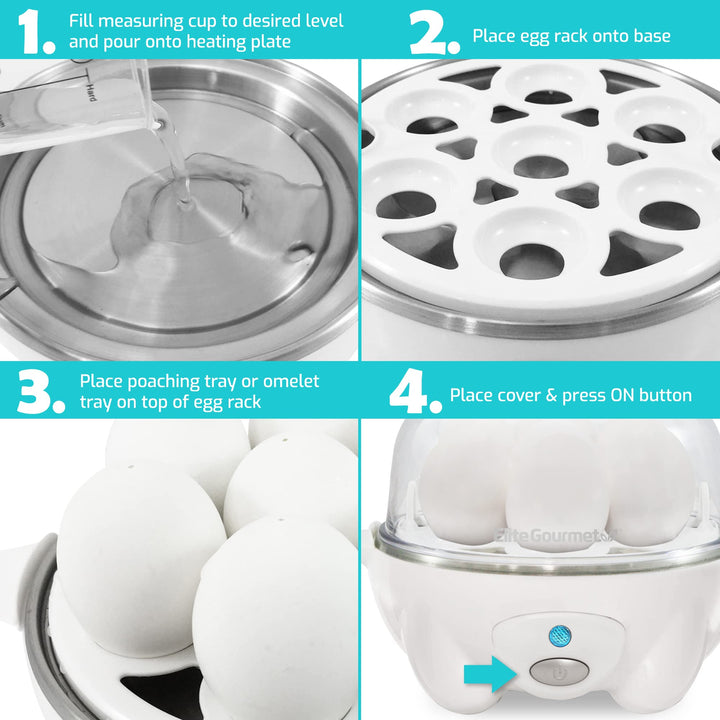 EGC-007 Rapid Egg Cooker, 7 Easy-To-Peel, Hard, Medium, Soft Boiled Eggs, Poacher, Omelet Maker, Auto Shut-Off, Alarm, 16-Recipe Booklet, White 7 Egg