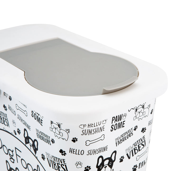 3 Gallon Pet Dry Food Container with Scooper | Dog Food Organizer | Helps Organize Pantry and Cabinets | Dog & Puppy Print Design | Carrying Handle | Flip Top Lid,White