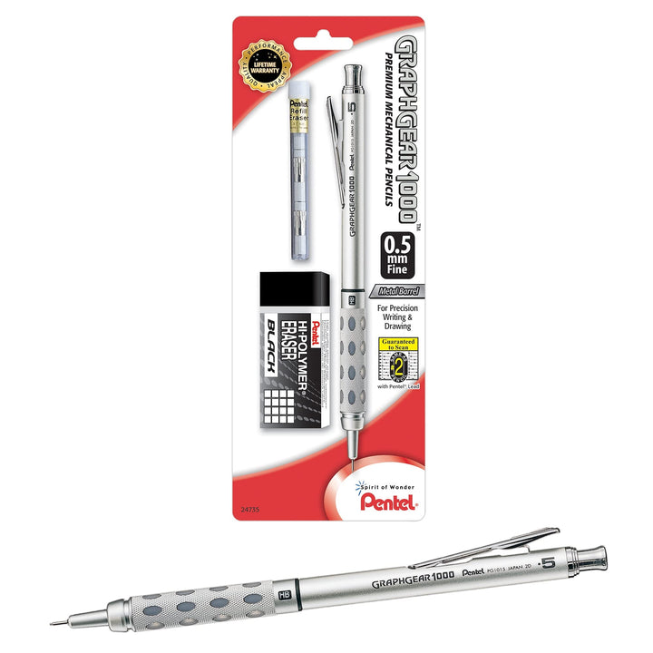 Pentel GraphGear 1000 Mechanical Pencil 0.5mm Premier Drafting Kit with 1 Pencil, 1 Eraser Refill Tube and 1 Eraser (PG1015EBP)