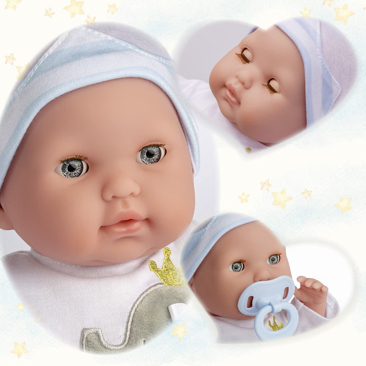 15" Realistic Soft Body Baby Doll with Open/Close Eyes | JC Toys - Berenguer Boutique | 10 Piece Gift Set with Bottle, Rattle, Pacifier & Accessories | Blue | Ages 2+ Blue Gift Set