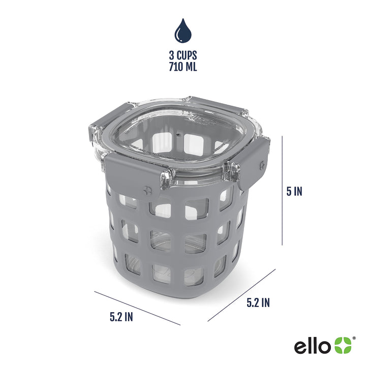 Ello Duraglass Meal Prep Container- Glass Food Storage Container with Silicone Sleeve and Airtight BPA-Free Plastic Lid, Dishwasher, Microwave, and Freezer Safe 3 Cup Grey