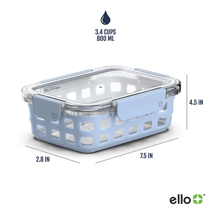 Ello Duraglass Meal Prep Container, 3.4 cup- Glass Food Storage Container with Silicone Sleeve and Airtight BPA-Free Plastic Lid, Dishwasher, Microwave, and Freezer Safe, Halogen Blue