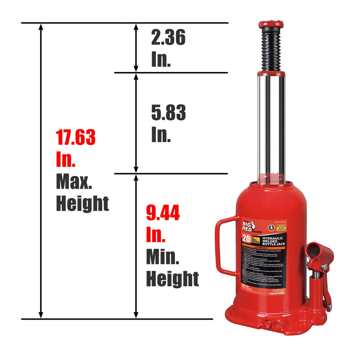 BIG RED 20 Ton (40,000 LBs) Torin Welded Hydraulic Car Bottle Jack, Red, TAM92003B & T92007A Torin Hydraulic Stubby Low Profile Welded Bottle Jack, 20 Ton (40,000 lb) Capacity, Red 20 Ton (40,000 LBs) Bottle Jack + Bottle Jack, 20 Ton