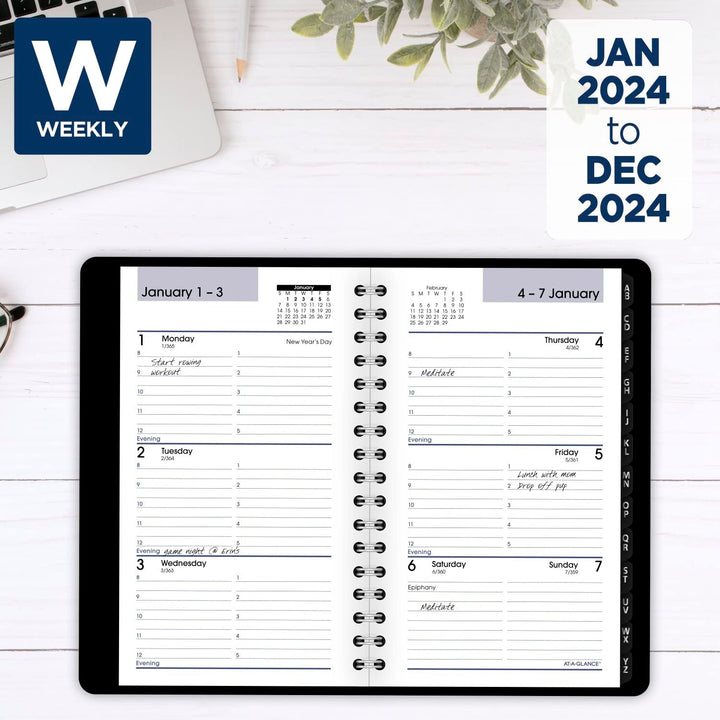 AT-A-GLANCE 2024 Weekly Planner, DayMinder, Hourly Appointment Book, 3-1/2 x 6", Pocket Size, Tabbed Telephone/Address Pages, Texture Cover, Black (G2500024) 2024 New Edition