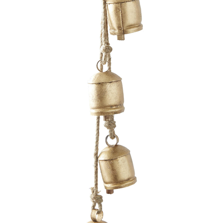 Deco 79 Gold Metal Tibetan Inspired String Hanging Decorative Bells with Jute Hanging Rope 4" x 8" x 52" - Cone 52" x 4" x 8"