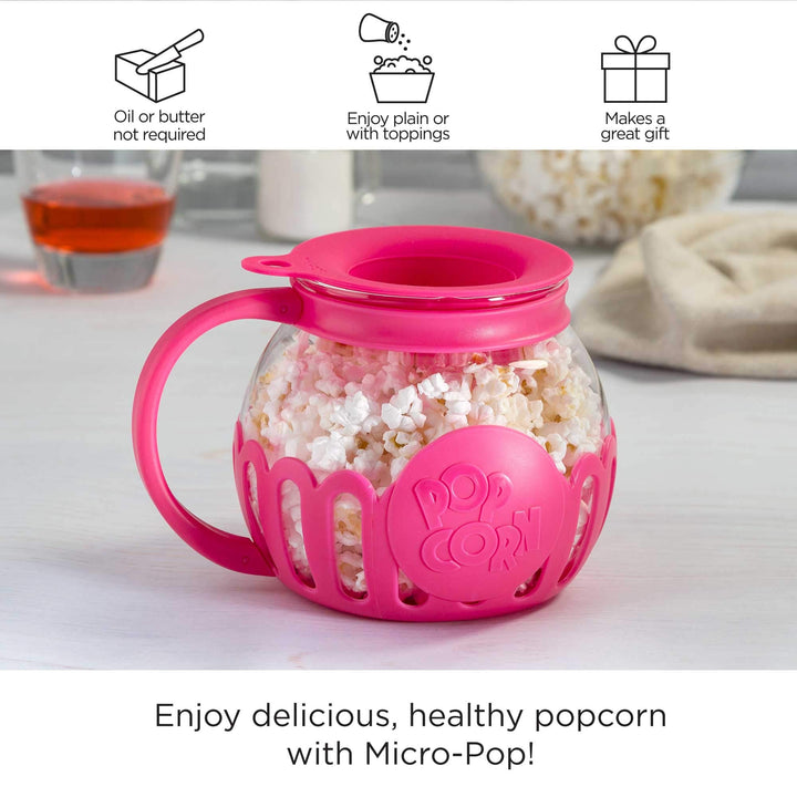 Ecolution Patented Micro-Pop Microwave Popcorn Popper with Temperature Safe Glass, 3-in-1 Lid Measures Kernels and Melts Butter, Made Without BPA, Dishwasher Safe, 1.5-Quart, Pink 1.5-Quart Snack Size Hot Pink