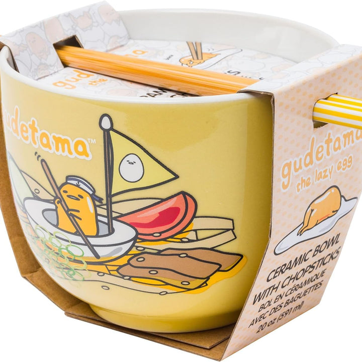 Silver Buffalo Sanrio Gudetama Lazy Egg Sailing In Ramen Ceramic Ramen Noodle Rice Bowl with Chopsticks, Microwave Safe, 20 Ounces Gudetama Swimming Cartoon