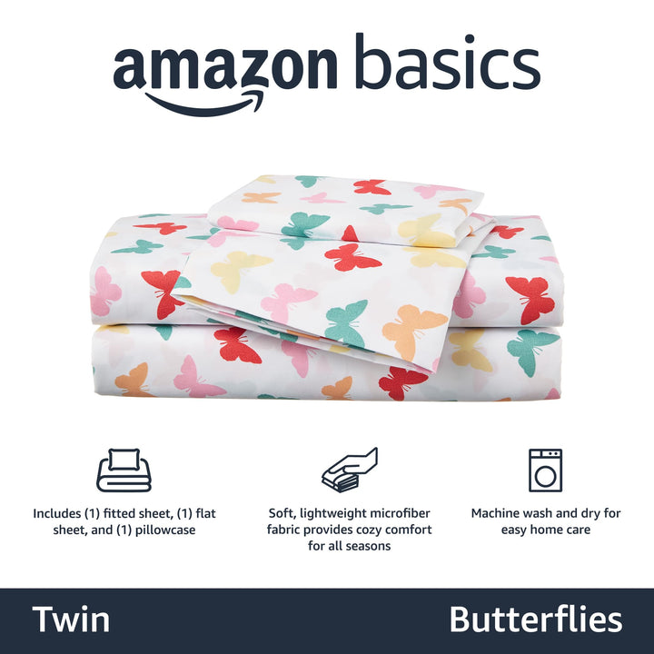 Basics Kid's Butterfly Friends Soft Easy-Wash Microfiber 3-Piece Sheet Set, Twin, Multi-Color Butterflies, Printed