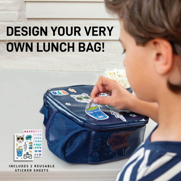 Fit+Fresh DIY Sticker Insulated Lunch Box, Trendy Lunch Box - Lunch Bag, Lunch Box for Girls, Lunch Box for Boys, Lunchboxes Medium Navy